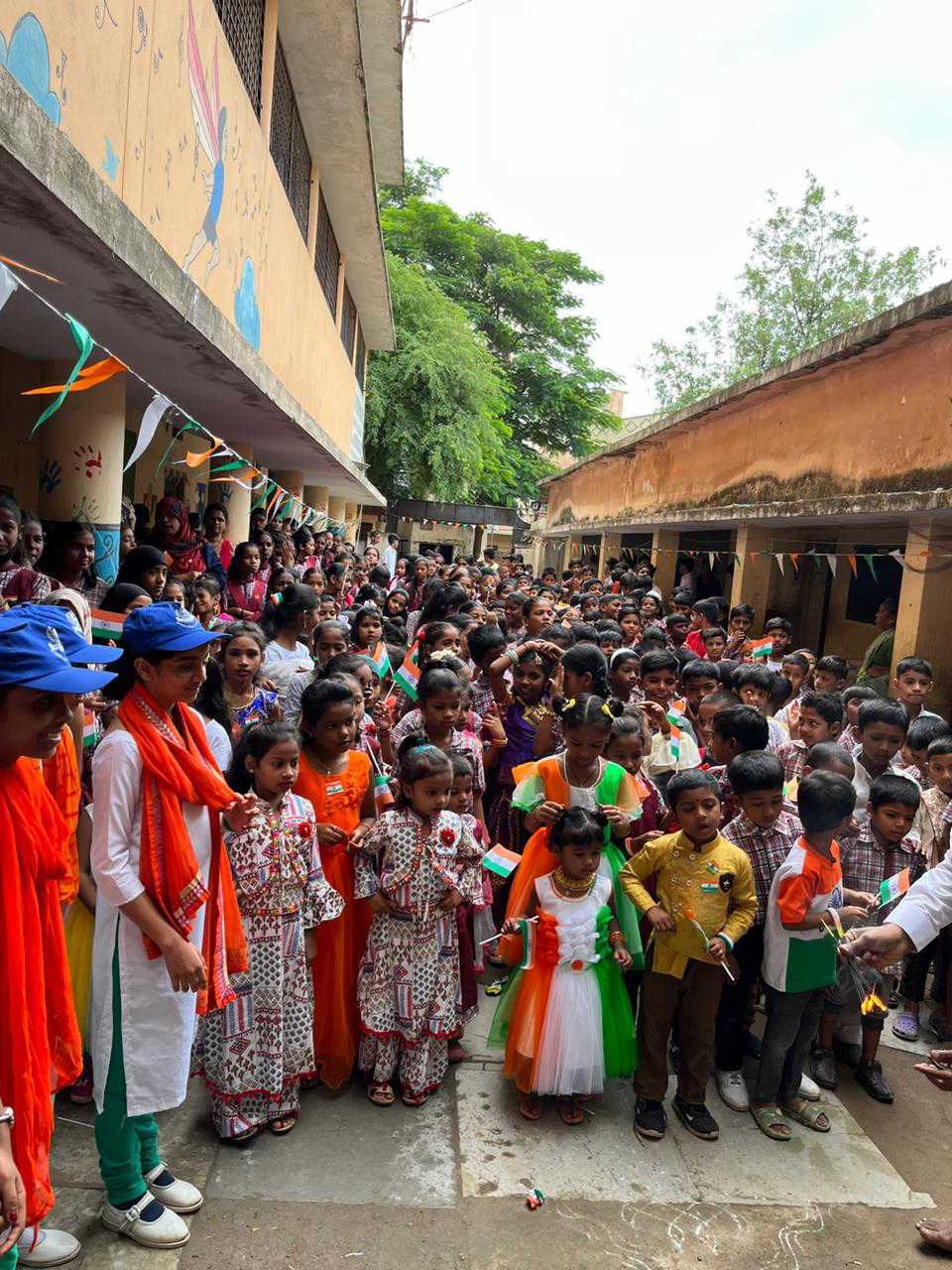 Schoolchildren with flags on Independence Day